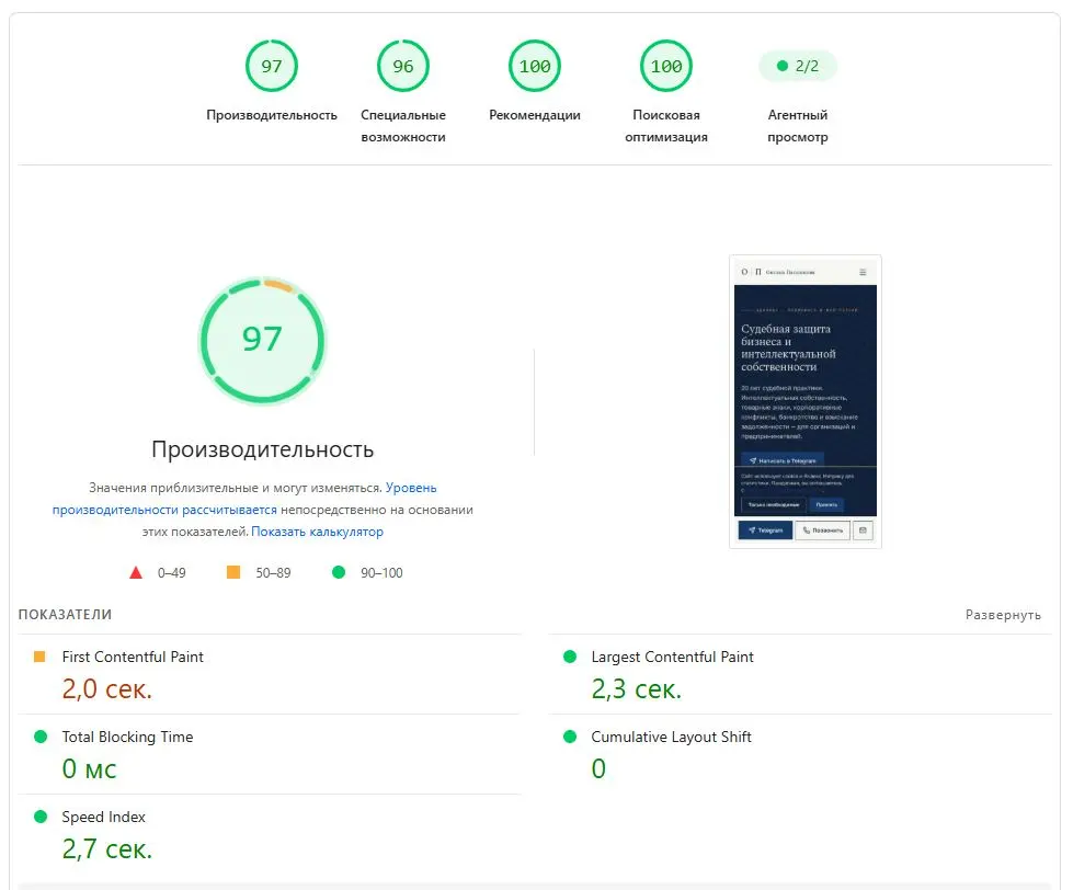 Скриншот PageSpeed Insights — после