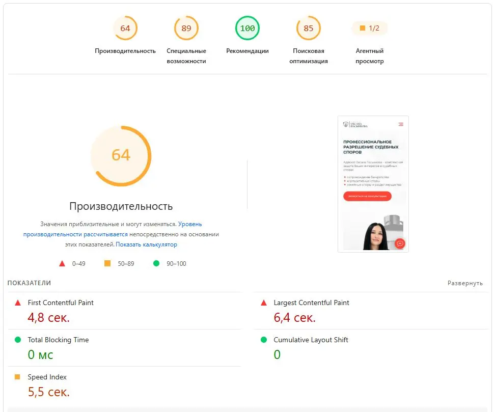 Скриншот PageSpeed Insights — до